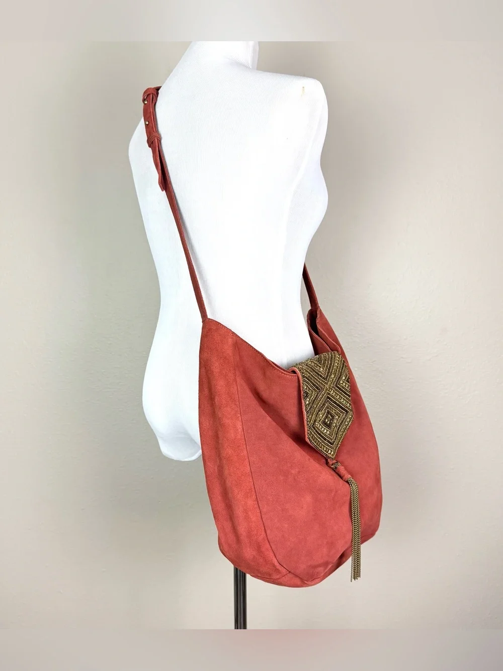 Anthropologie Nadia Suede Beaded Tassel Hobo Crossbody Bag Rust Orange